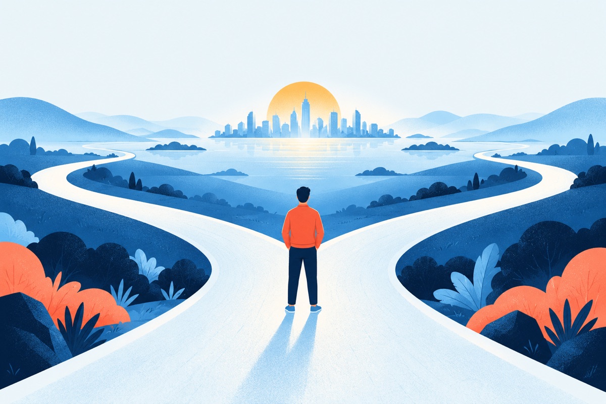 A person stands at a fork in a road, and both paths lead to the same distant city on the horizon.