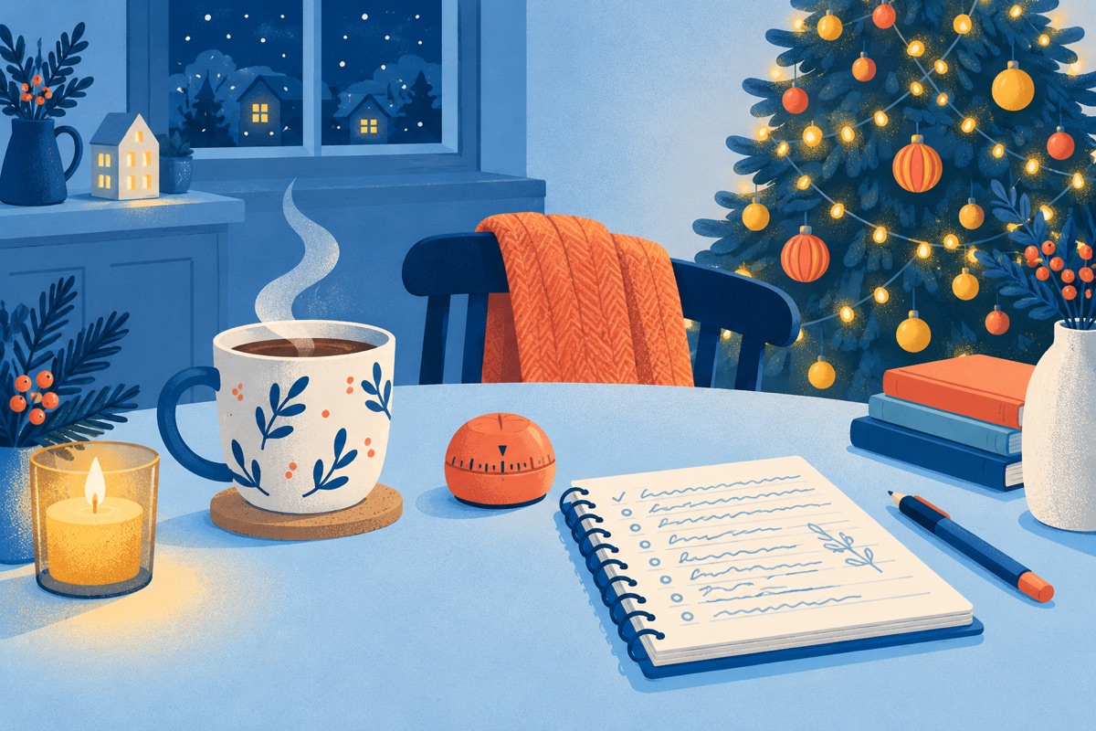 A cozy kitchen table at night with a mug, a small timer and a notepad full of handwritten work, with a decorated tree glowing softly in the background.