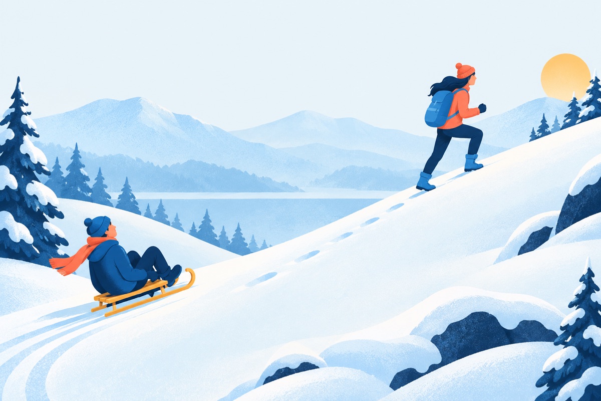 Two people on a snowy hill: one takes small steady steps upward each day while the other sits on a sled and slowly slides back toward the bottom.