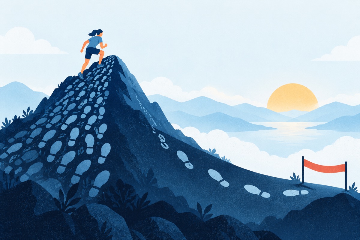 A runner's path drawn as a mountain of steep, crowded footprints that slopes gently down into a few light, spaced out steps right before a finish line ribbon.