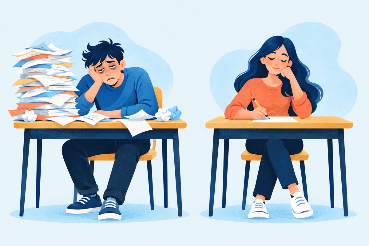 Two people at matching test desks: one slumped and blurry eyed behind a tall messy stack of papers, the other sitting upright and calm with a single neat sheet and a pencil.