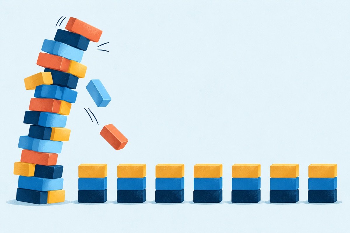 One tall, wobbly stack of bricks leaning and starting to fall, next to seven short, neat, solid stacks of bricks standing in a row.