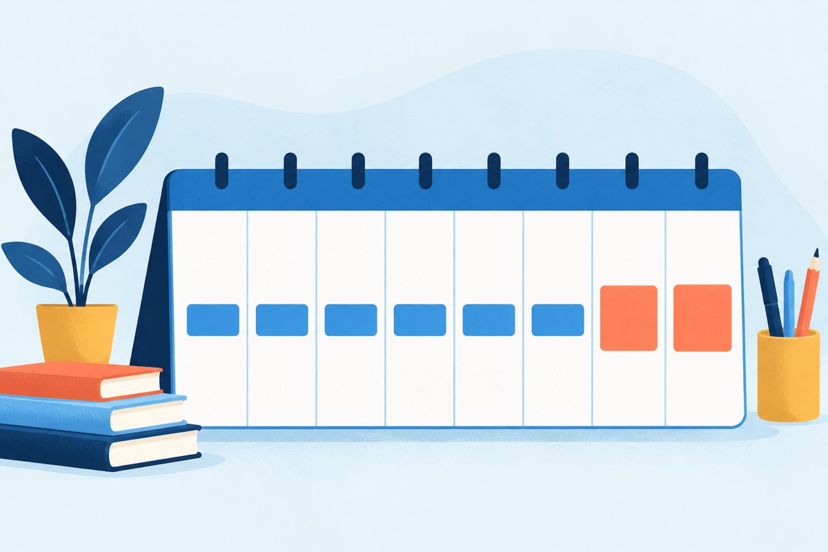 A weekly calendar with a small, even block filled in on every single day, and one slightly larger block on the weekend.