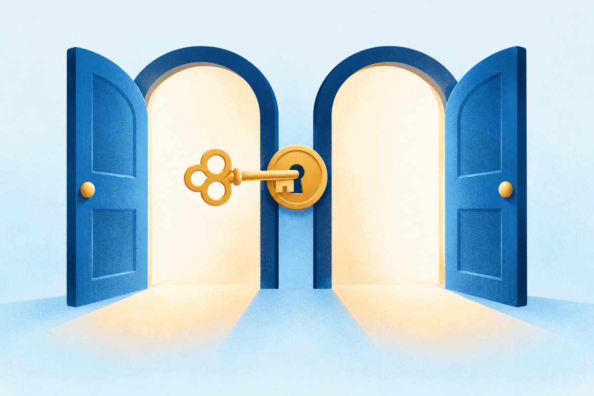 A single key in a lock opening two side by side doors at the same time.