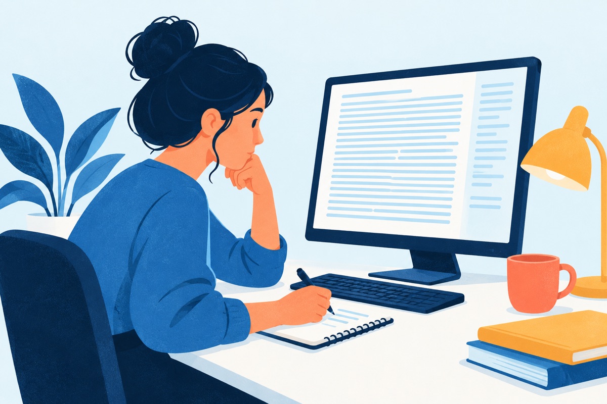A person at a desk reads a long passage on a screen while jotting a few short marks on a notepad beside the keyboard.