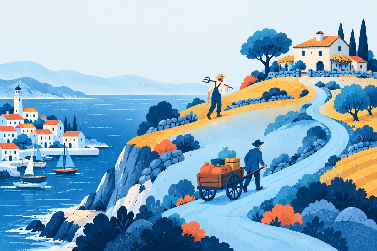 Two paths lead from a seaside village to a farm inland, one walked by a farmer and one by a merchant with a cart, both arriving at the same farmhouse.
