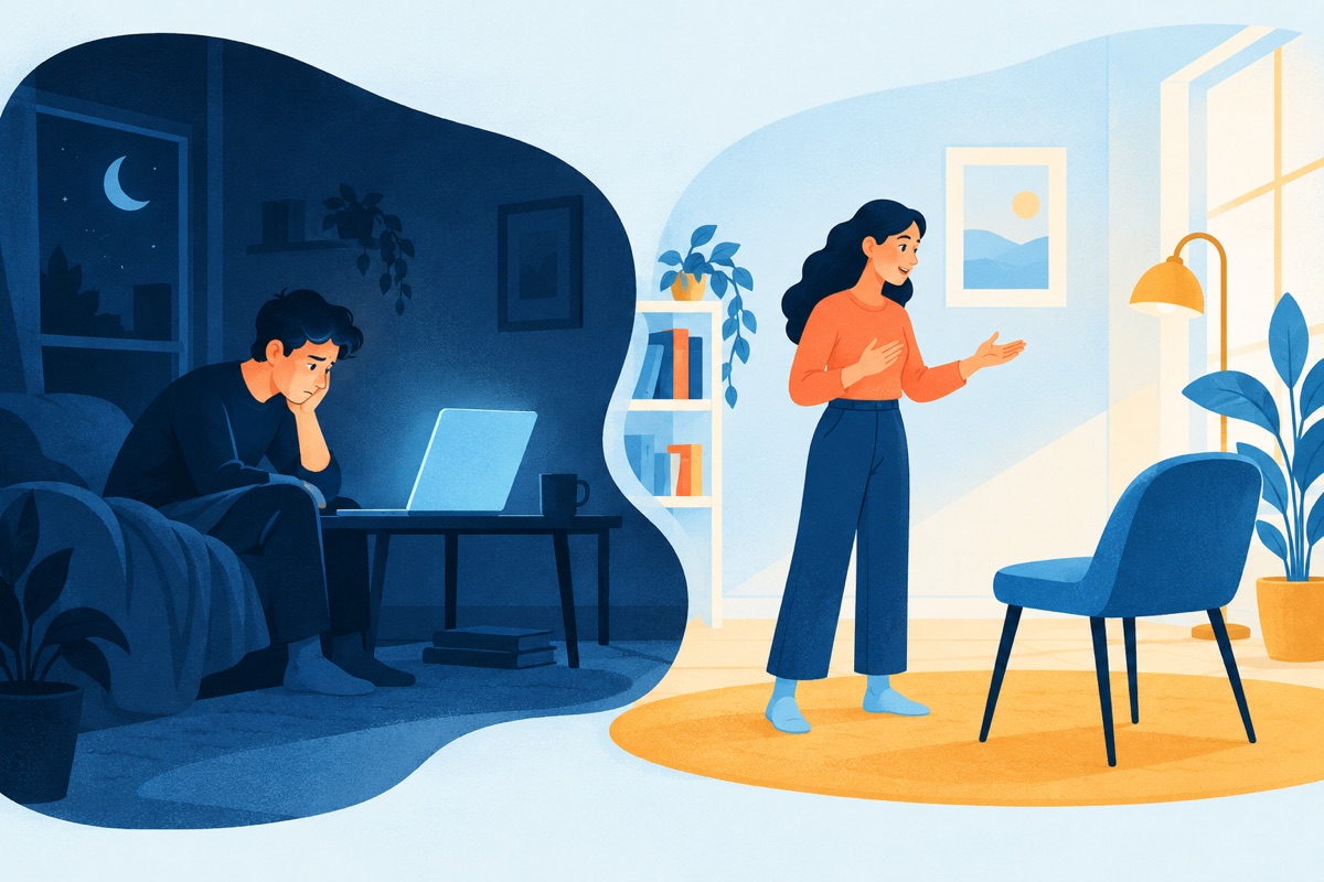One person slumped in the dark staring at a glowing laptop, next to a second person standing in a lit room practicing out loud to an empty chair.