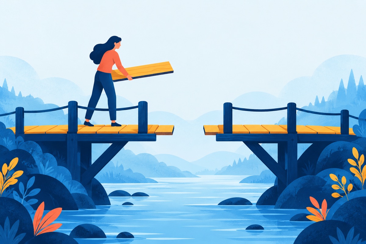 A wooden footbridge over a river with one plank missing in the middle, and a person on one side holding the missing plank.