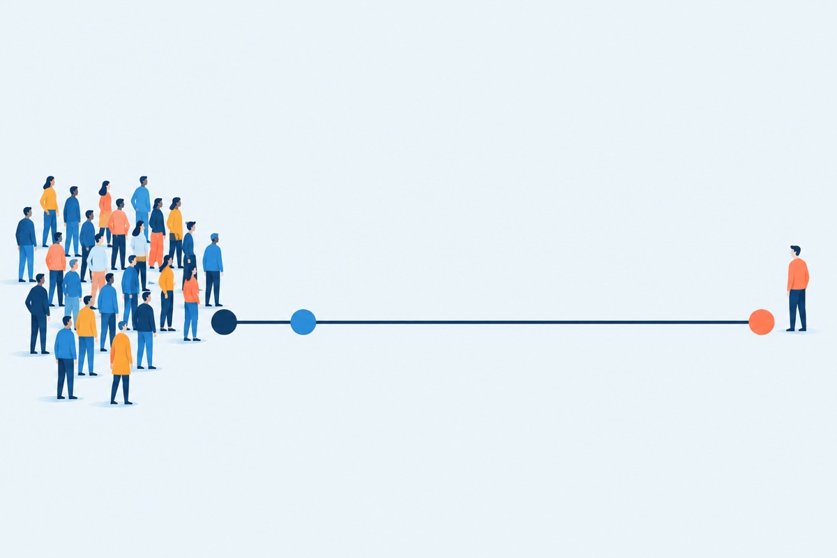 A straight line with a dot at each end and a third dot sitting between them, much closer to the end where a larger crowd of small figures stands.