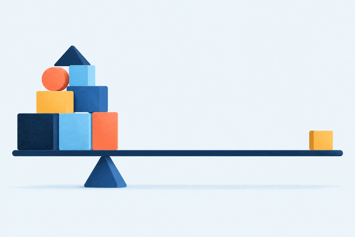 A seesaw with a large stack of blocks on one end and a single small block on the other, balanced because the pivot sits much closer to the large stack.