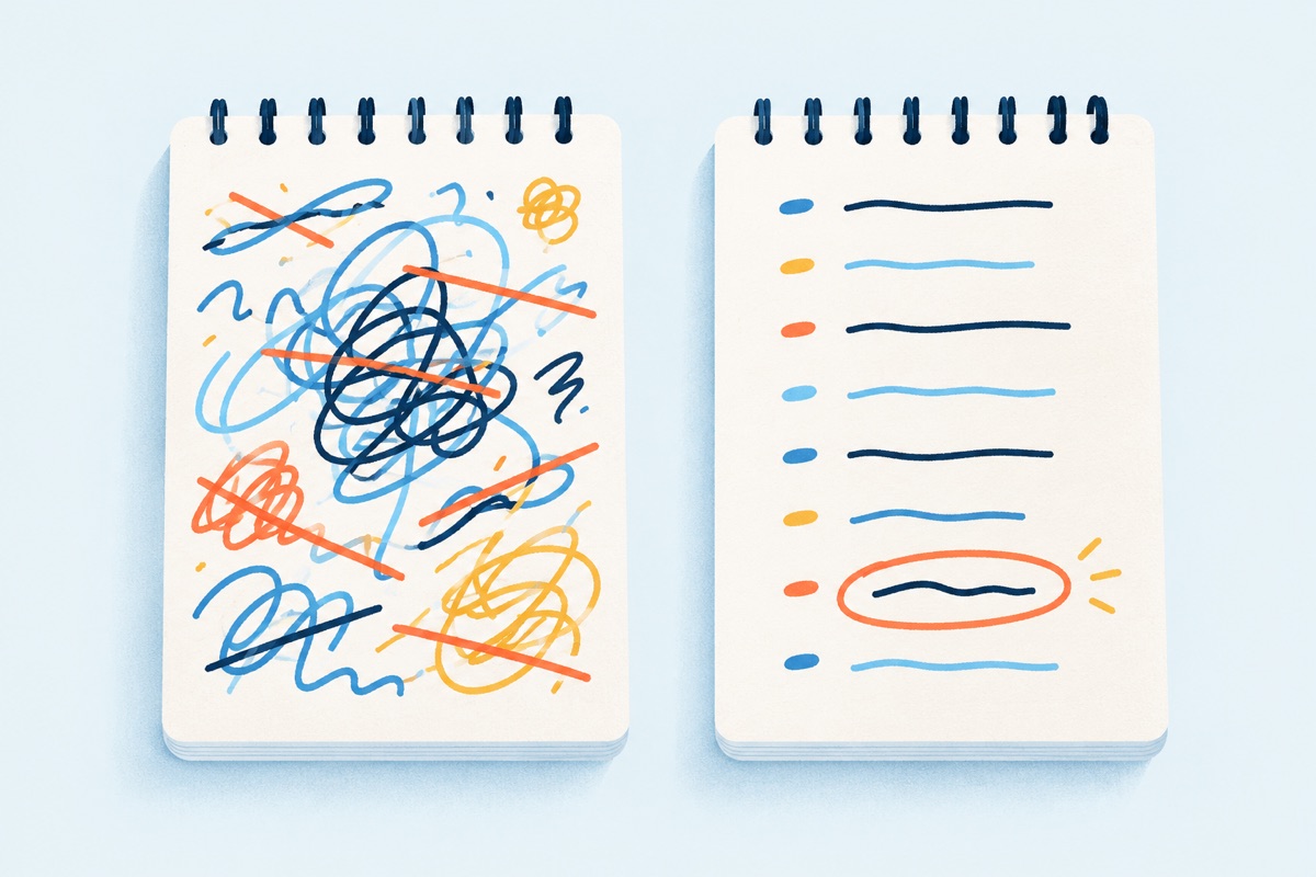 Two notepads side by side, one a messy tangle of crossed out scribbles and one with short neat lines and a single circled mark.