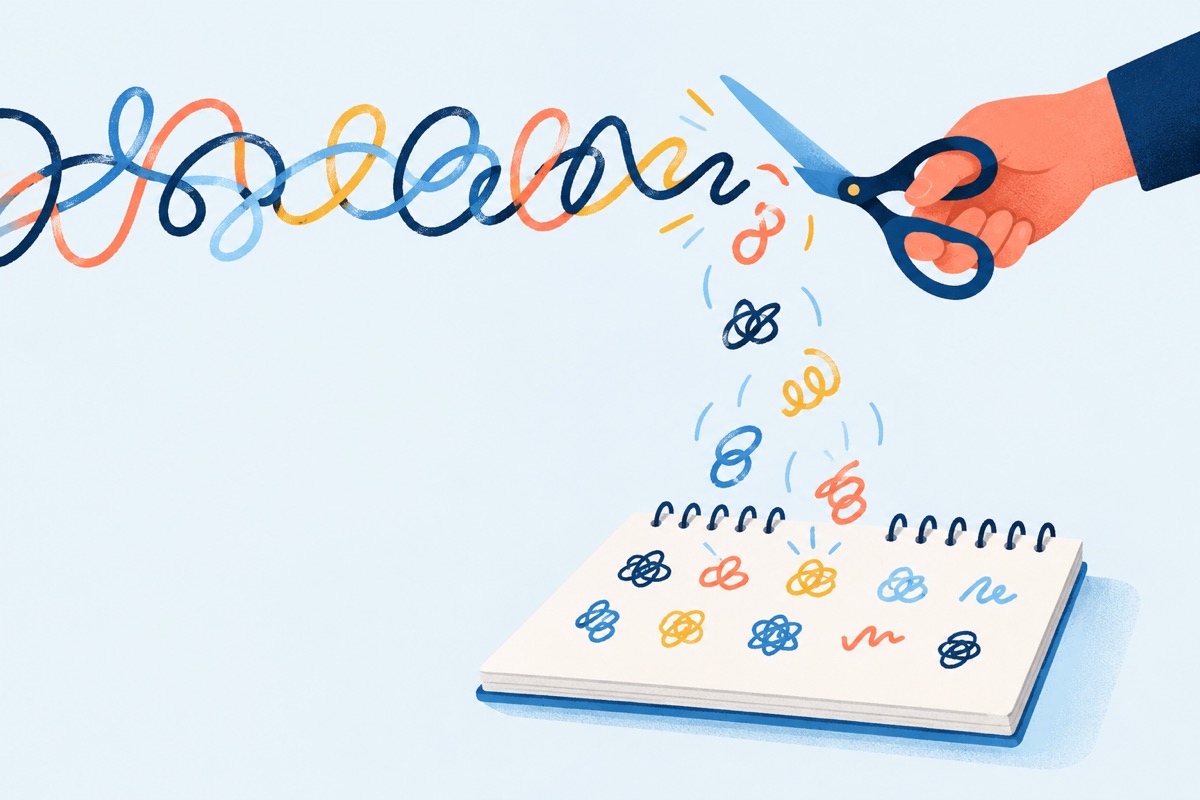 A long sentence being snipped into small pieces by scissors, with each piece landing on a notepad as a tiny scribbled symbol.