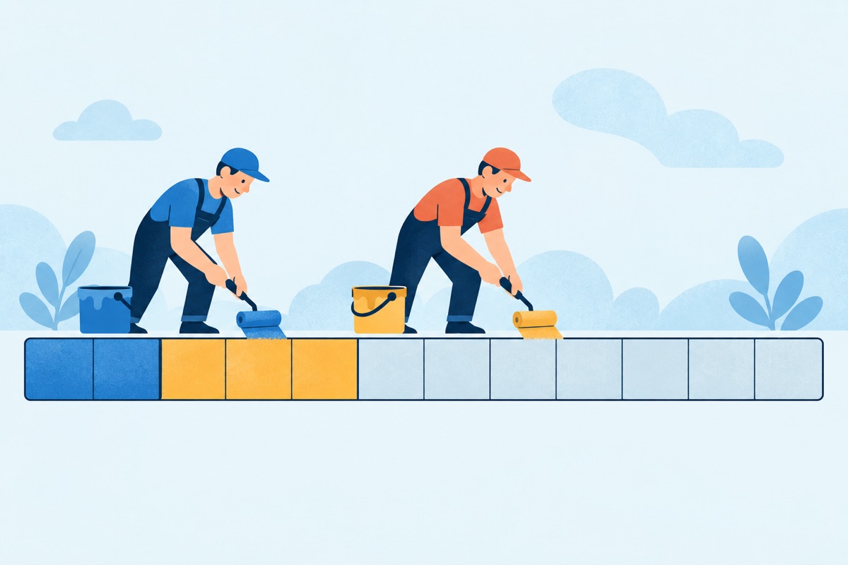 A long bar split into twelve equal blocks, with two workers side by side, one filling two blocks and the other filling three blocks in the same short stretch of time.