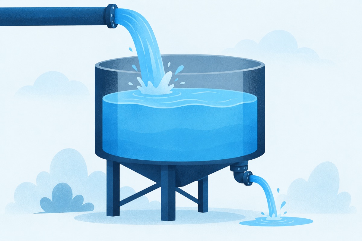 A water tank with a thick stream pouring in at the top and a thinner stream leaking out at the bottom, the water level rising slowly.