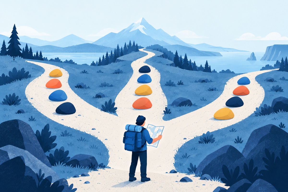 Three paths branching from one starting point, each lined with the same four stones arranged in a different sequence, with a hiker studying a map before choosing.