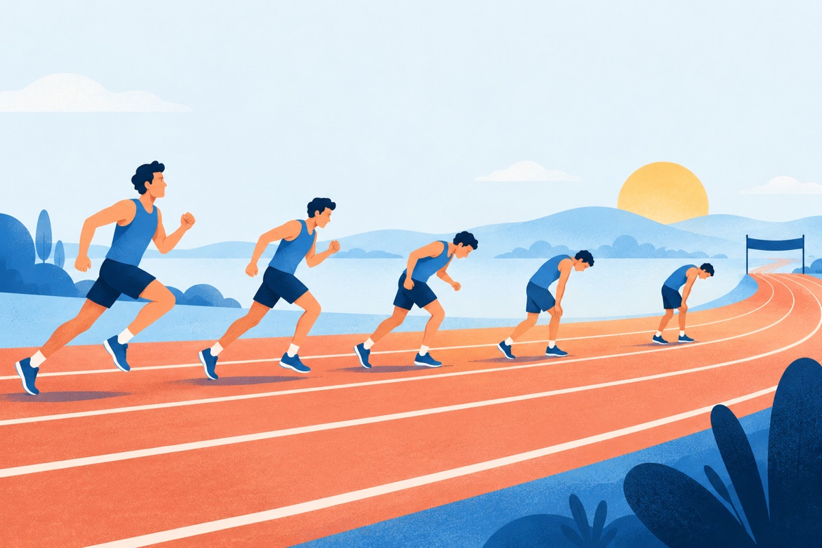 A long running track where a runner starts tall and quick and slowly hunches over and slows down near the finish line.