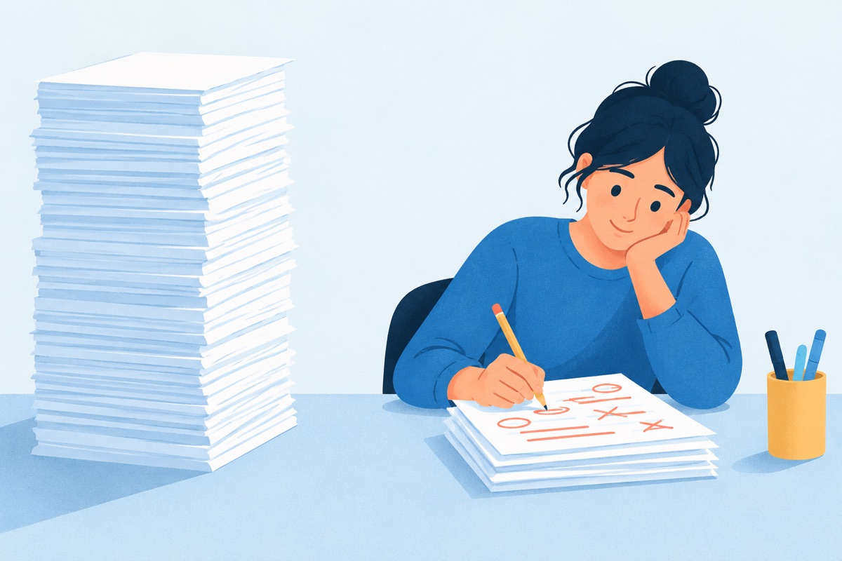 A person ignoring a tall tower of clean untouched papers and instead working with a pencil on a small stack of papers covered in red marks.