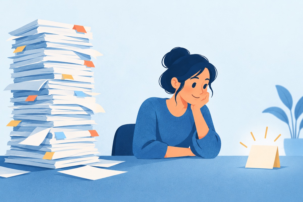 A tall stack of unfinished paper pages sits on one side of a desk while a person stares at a single small card on the other side, ignoring the stack.
