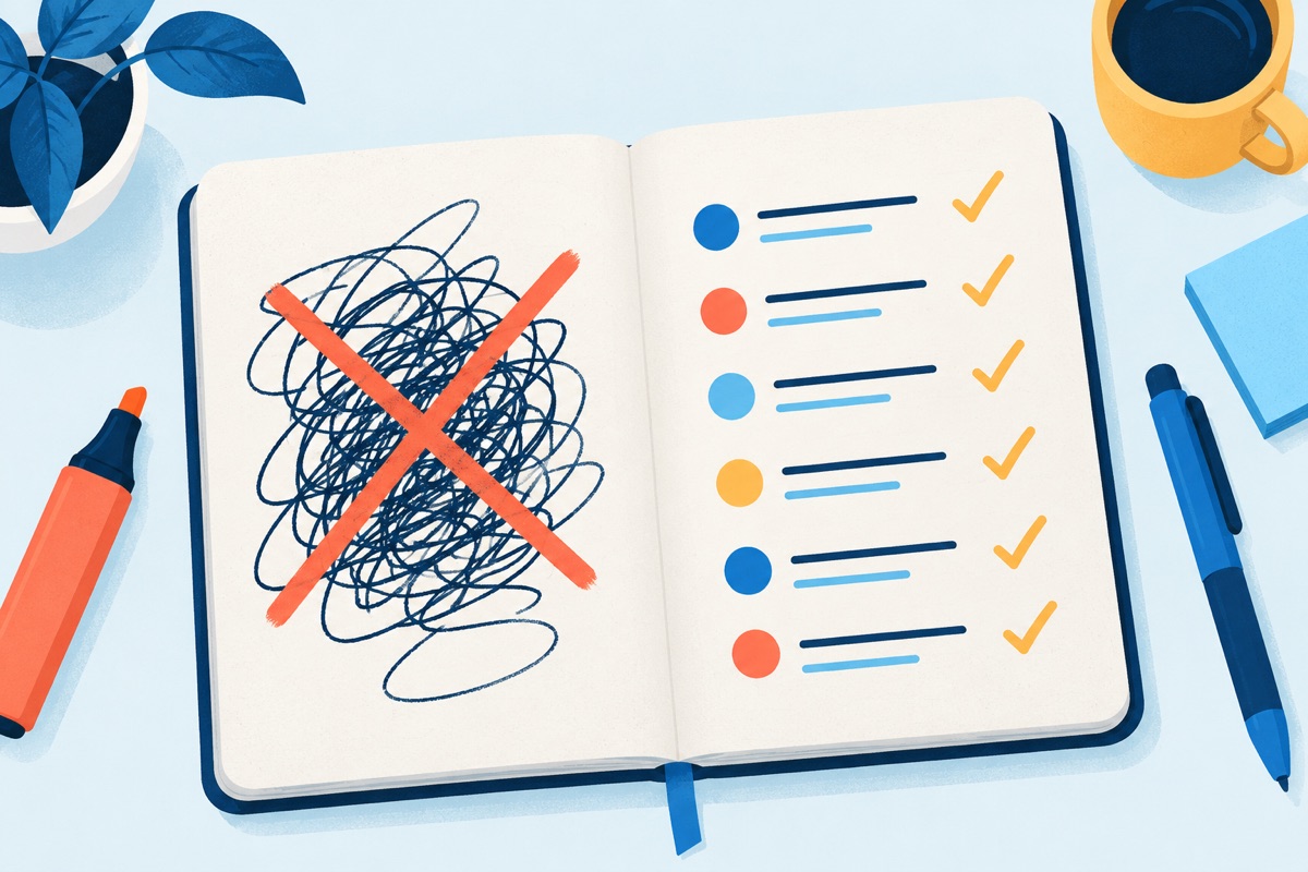 A notebook page where one big messy scribble is crossed out and replaced by a neat column of short, specific notes with a check mark beside each.