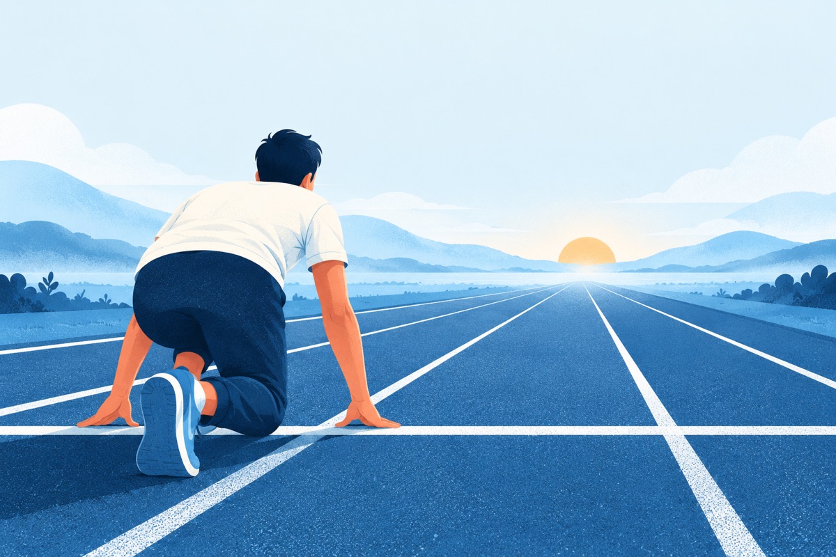 A lone runner in plain clothes crouches at a painted starting line on an empty track that stretches far ahead into the distance.