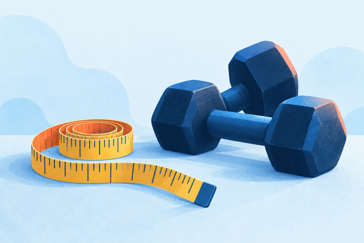 A cloth measuring tape lies coiled on a table beside a pair of heavy dumbbells.