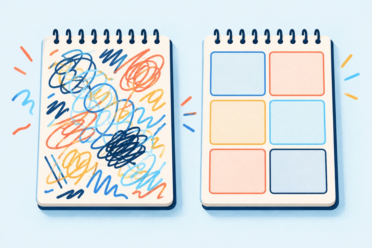 Two notepads side by side, one covered in scattered overlapping scribbles and the other divided into neat, evenly sized boxes.