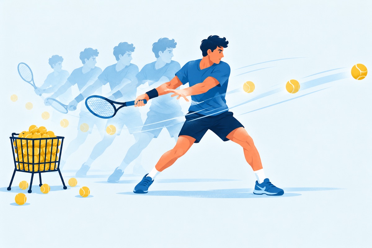 A tennis player hitting the same forehand again and again beside a basket overflowing with balls.