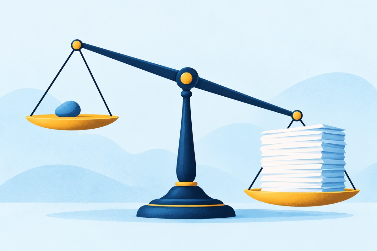 A balance scale with one small pebble on one pan and a tall stack of blank paper pages on the other pan, tipping hard toward the paper.