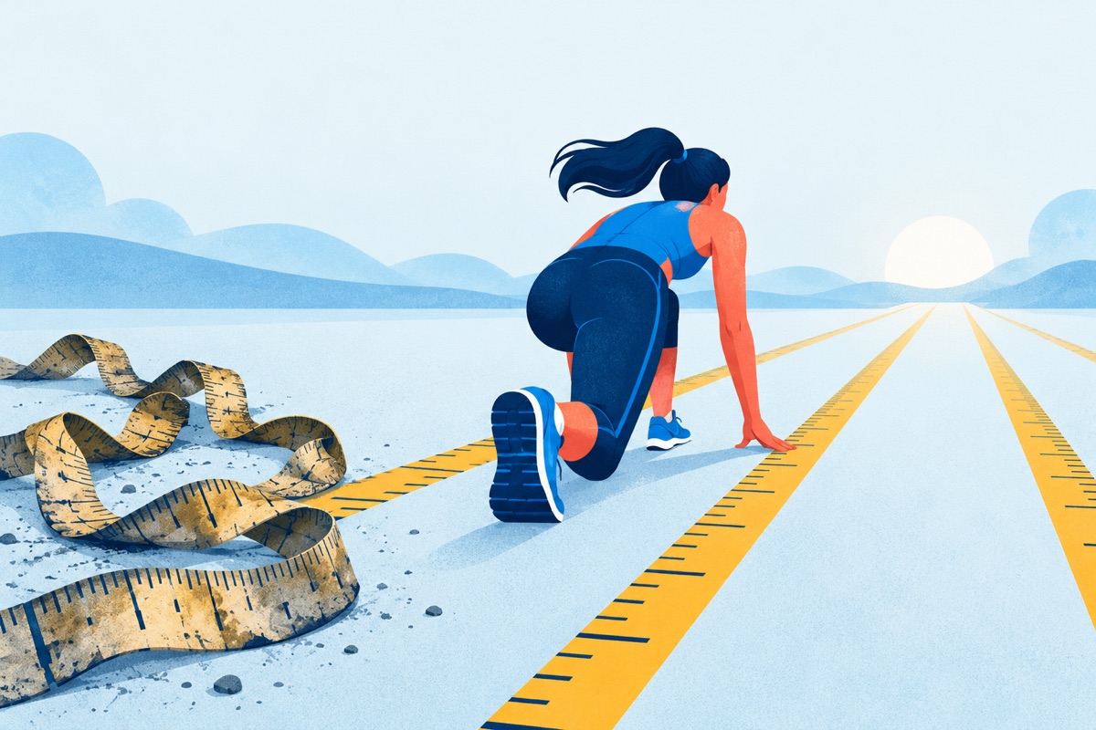 An old worn measuring tape tossed aside on the floor while a runner lines up at the start of a track marked by a fresh, differently spaced measuring tape.