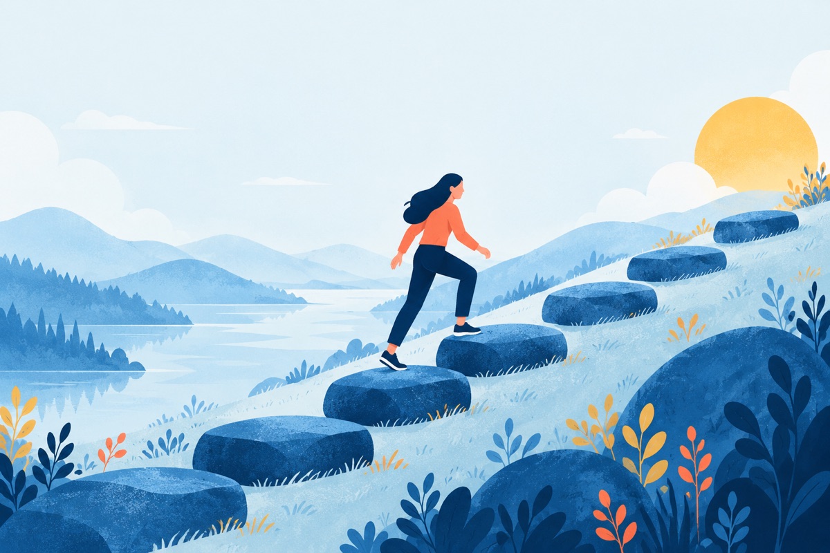 A row of stepping stones climbing slowly up a hill, each one only a little higher than the last, with a person stepping carefully from stone to stone.
