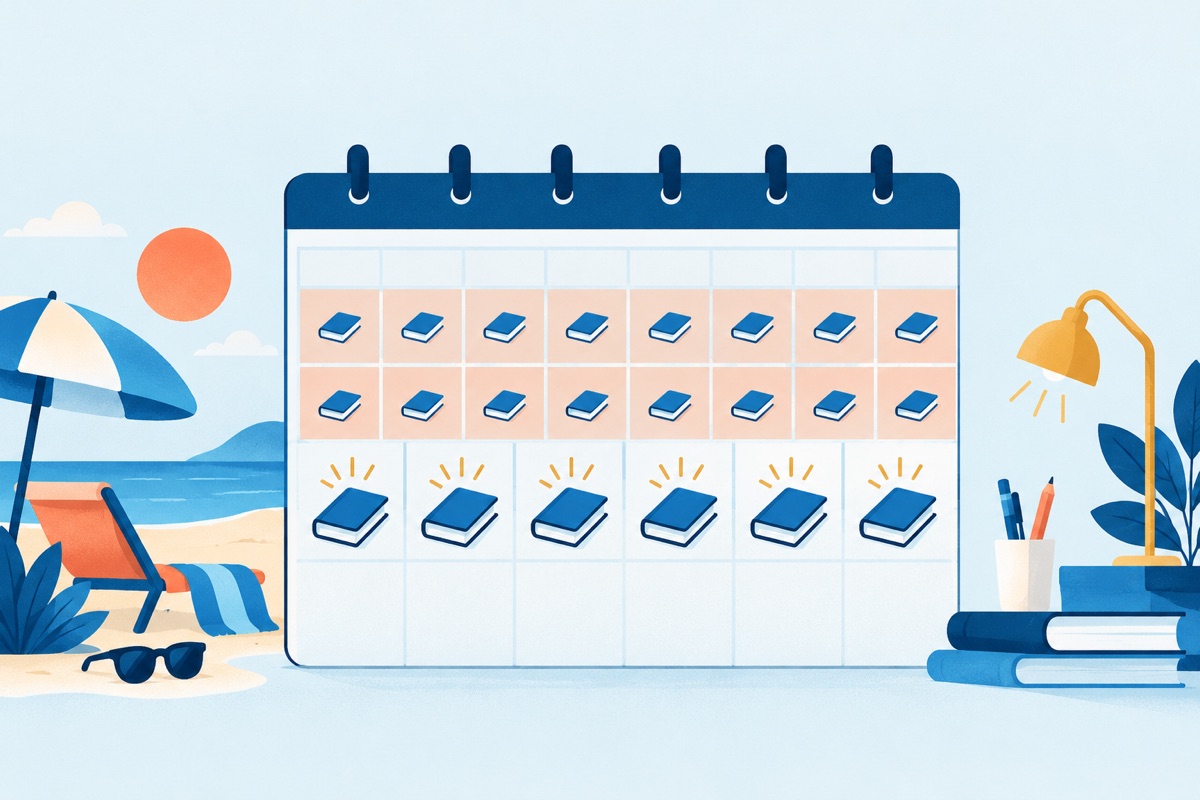 A wall calendar with two weeks shaded as a trip, and a small book icon sitting on each shaded day, leading into an unshaded week with bigger book icons.
